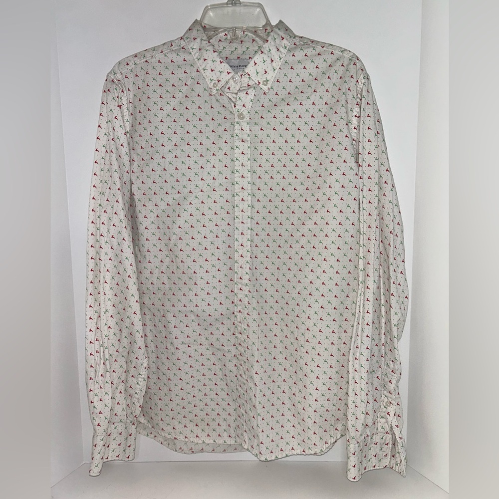 Denim & Flower men’s long sleeve shirt Happy Holidays reindeer print size LARGE‎